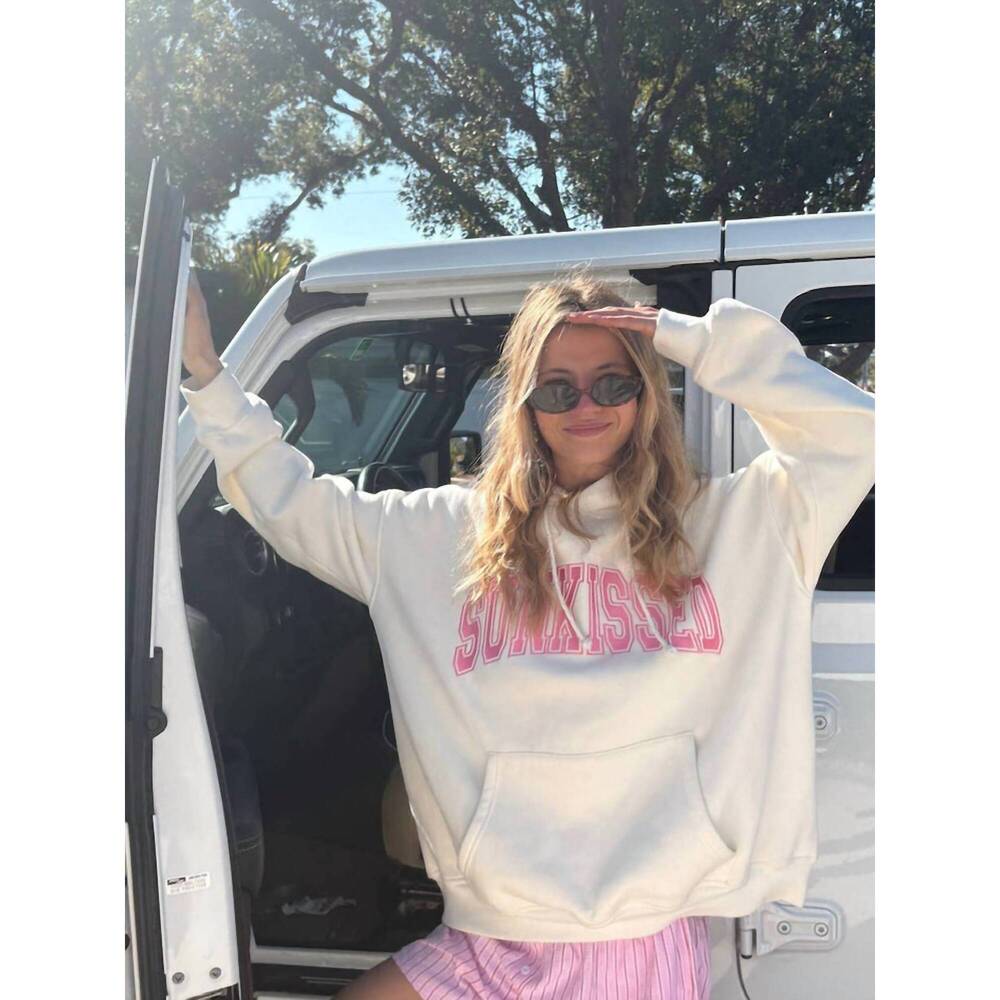 NEW SUNKISSED COCONUT varsity embroidered hoodie in ivory hibiscus